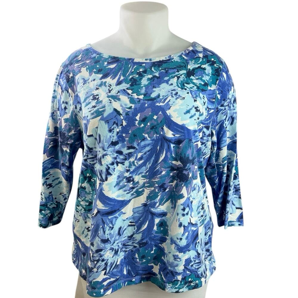 Appleseed's Blue Half Sleeve Floral Boat Neck Cotton T Shirt Tee Top Size XL